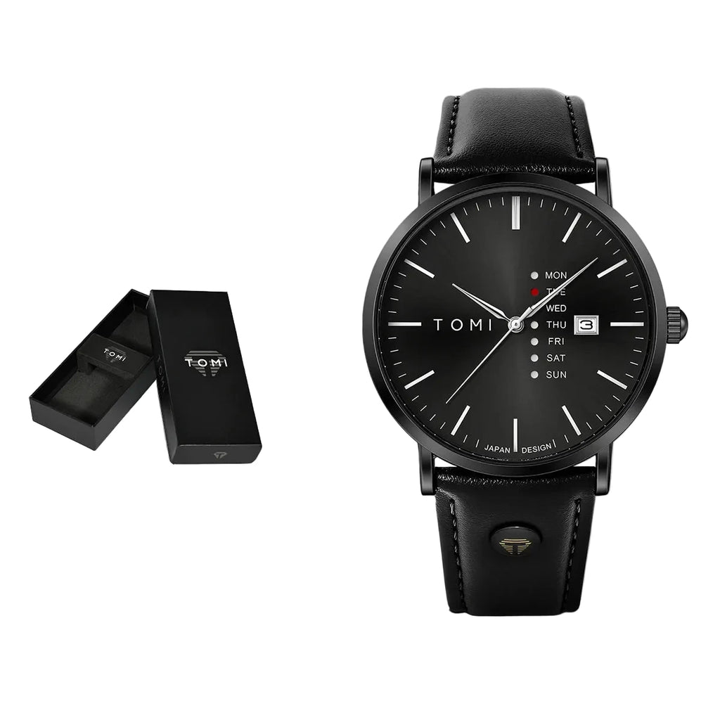 TOMI – Montre Quartz Homme Texturée Business | Bracelet Cuir, Jour & Calendrier, Verre Hardlex Soldes-ShopOnline