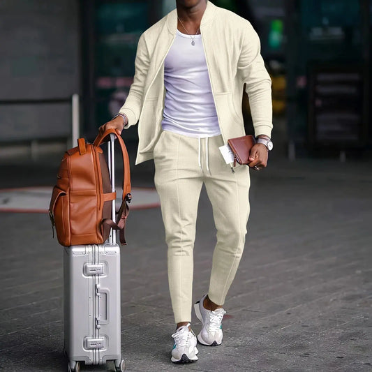 2025 nouveau printemps et automne hommes stand collar couleur unie  Waffle pantalon complet deux costumes pour hommes vêtements pour hommes ensemble décontracter chics classe d’été pour homme - Soldes-ShopOnline
