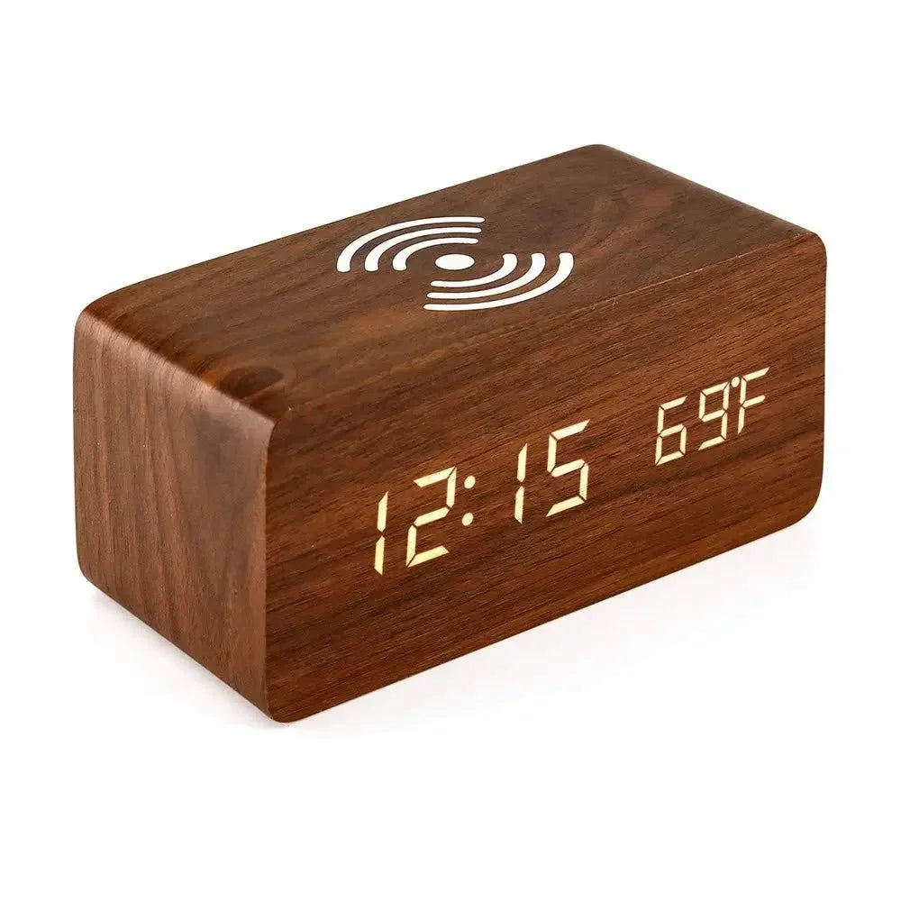 Wooden Digital Alarm Clock with Wireless Charging, LED Clock with Time, Date,Temperature, Desk Clocks for Office,Bedside Clock Soldes-ShopOnline