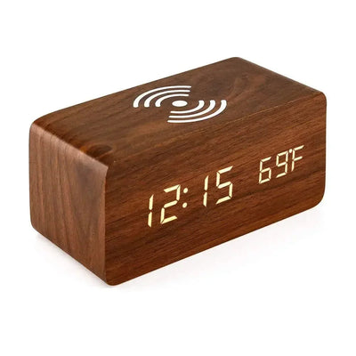 Wooden Digital Alarm Clock with Wireless Charging, LED Clock with Time, Date,Temperature, Desk Clocks for Office,Bedside Clock Soldes-ShopOnline