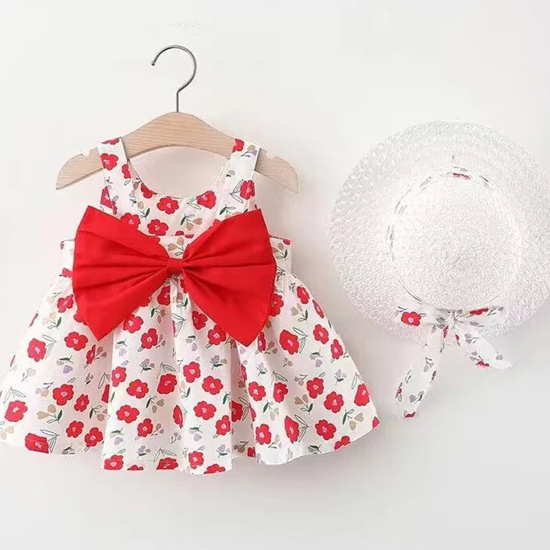 Robe Princesse Bébé Fille LJW – Fleurie, Sans Manches, Noeud + Chapeau, 0-3 Ans Soldes-ShopOnline