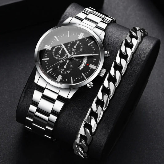 2PCS Mode Hommes Montres d'affaires Calendrier masculin Montre à quartz + Bracelet Garçons / Hommes idée de cadeau à Prix Discount - Soldes-ShopOnline