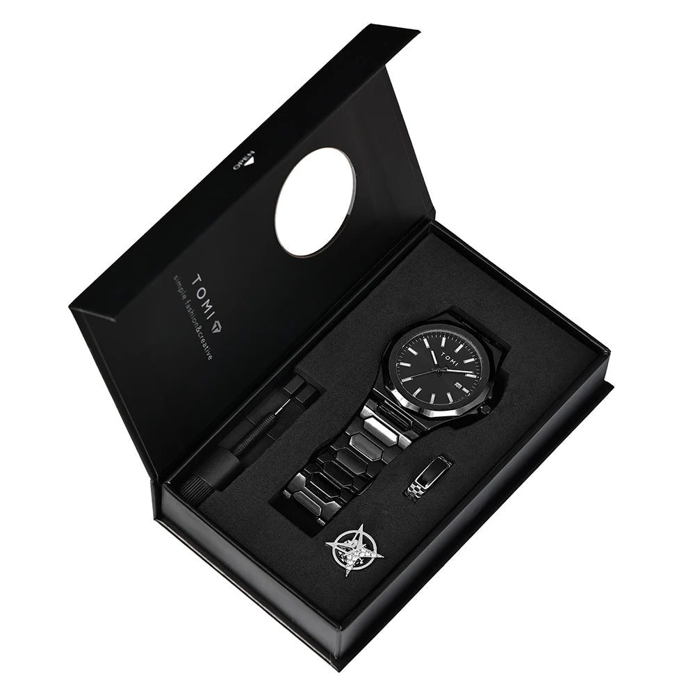 TOMI Luxury – Coffret Business Homme Montre Quartz Or Rose + Bague & Broche | Bracelet Acier, Cadran Épuré Soldes-ShopOnline
