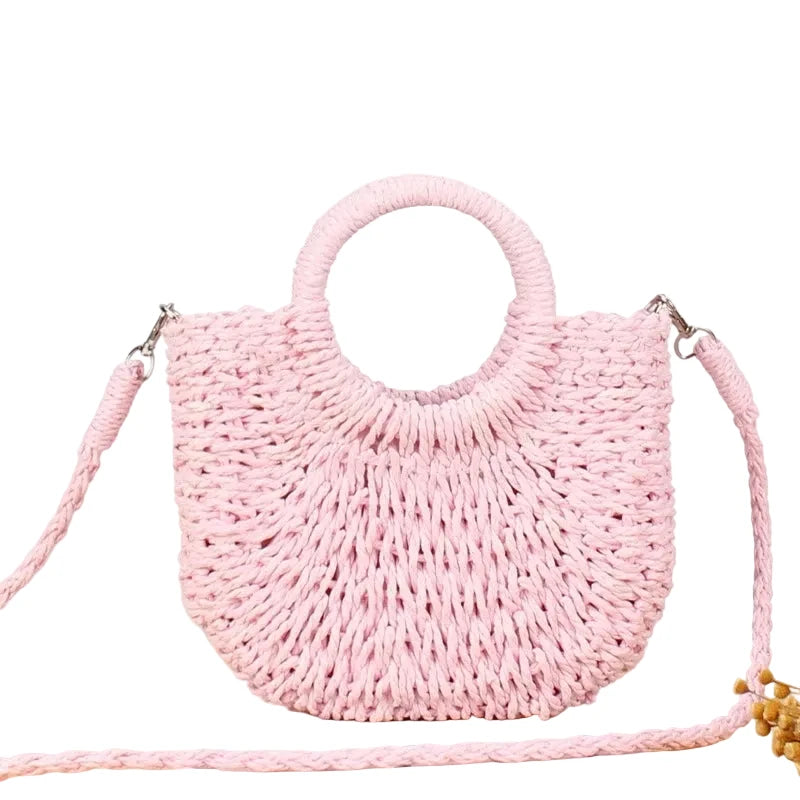 Handwoven Straw Rattan Half-Moon Beach Handbag, Large Capacity Women Summer Hollow Out Shoulder Crossbody Bag, Woven Tote Bag Soldes-ShopOnline
