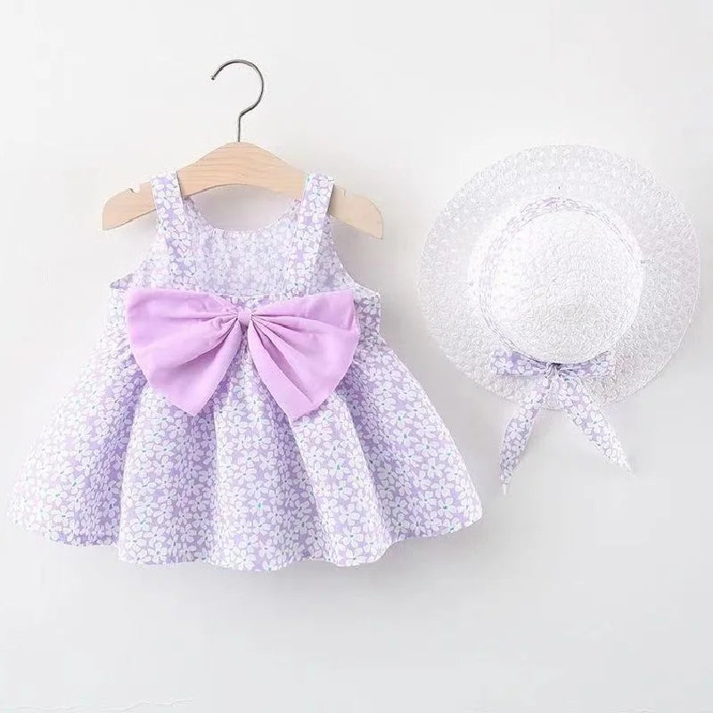 Robe Princesse Bébé Fille LJW – Fleurie, Sans Manches, Noeud + Chapeau, 0-3 Ans Soldes-ShopOnline