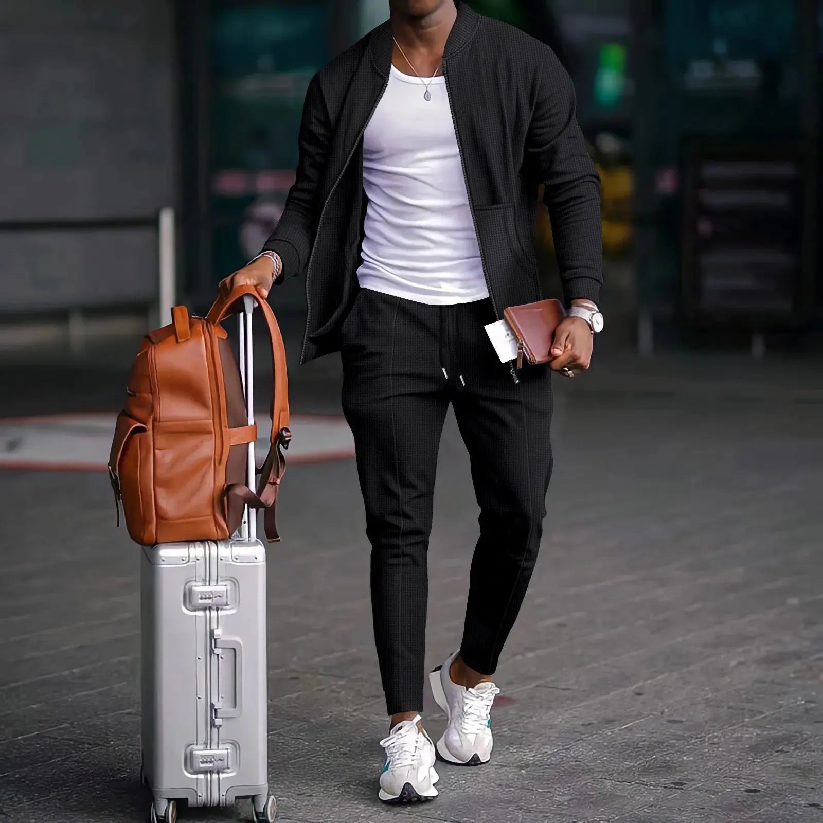 2025 nouveau printemps et automne hommes stand collar couleur unie  Waffle pantalon complet deux costumes pour hommes vêtements pour hommes ensemble décontracter chics classe d’été pour homme - Soldes-ShopOnline