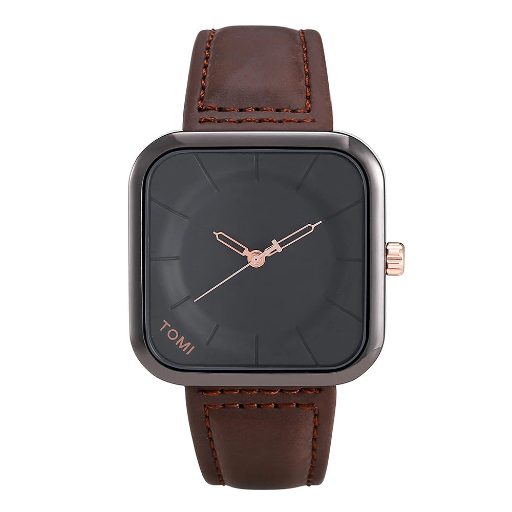 TOMI – Montre Quartz Carrée Noire Mixte | Bracelet Cuir, Design Épuré, Loisir & Business Soldes-ShopOnline