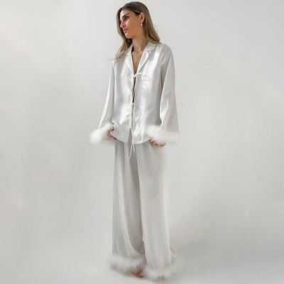 HiLoc Elegant Satin White Pants Sets Pajamas With Feather Cuffs Blouses Wide Legs Pants Sleepwear Female 2025 Spring Autumn Suit Soldes-ShopOnline