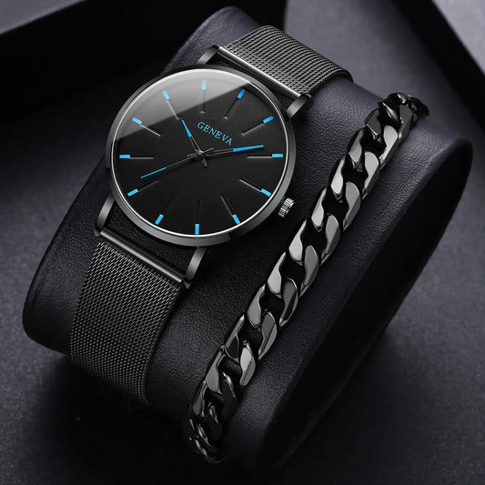 GENEVA kit/set 2PCS Montres d'affaires noires pour hommes, mode, bande de maille ultra mince, montre à quartz pour homme, bracelet d'horloge masculin décontracté garçon homme idée de cadeau à Prix Discount - Soldes-ShopOnline