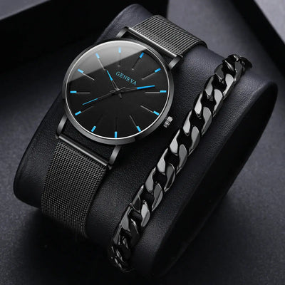 GENEVA kit/set 2PCS Montres d'affaires noires pour hommes, mode, bande de maille ultra mince, montre à quartz pour homme, bracelet d'horloge masculin décontracté garçon homme idée de cadeau à Prix Discount - Soldes-ShopOnline