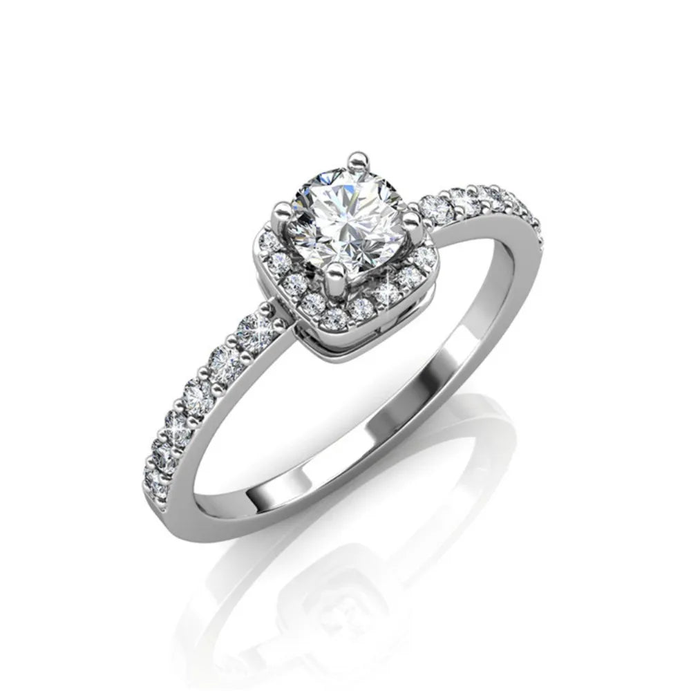 Daisini – Bague Taille Coussin Cristaux Swarovski | Laiton Plaqué Or Blanc 18K, 27 Cristaux, Quotidien & Soirée Soldes-ShopOnline