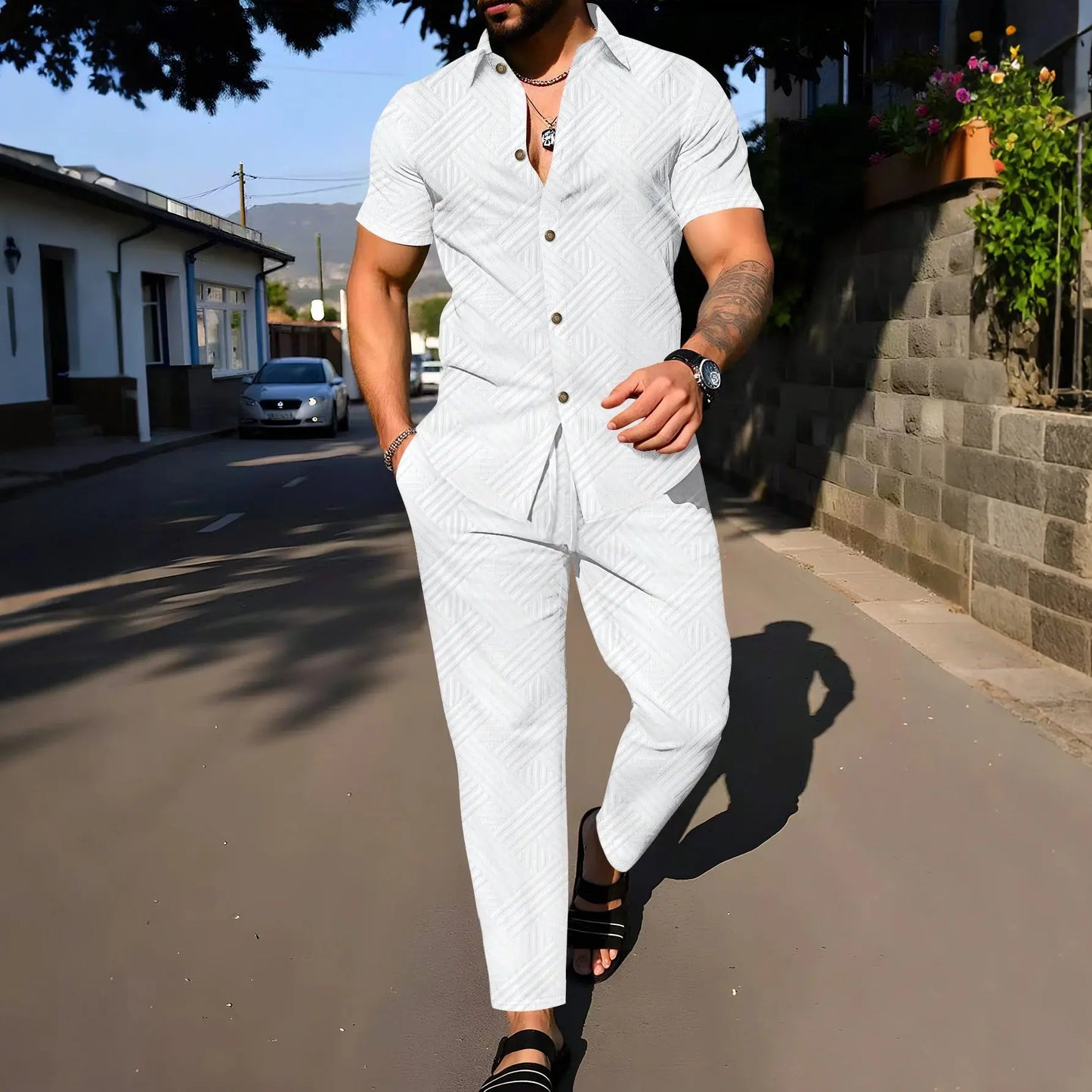 Une chemise à manches courtes deux pièces à la mode et tendance avec un pantalon long est parfaite pour les vêtements décontractés quotidiens des hommes au printemps et en automne été décontracté ensembles tenue pour homme - Soldes-ShopOnline