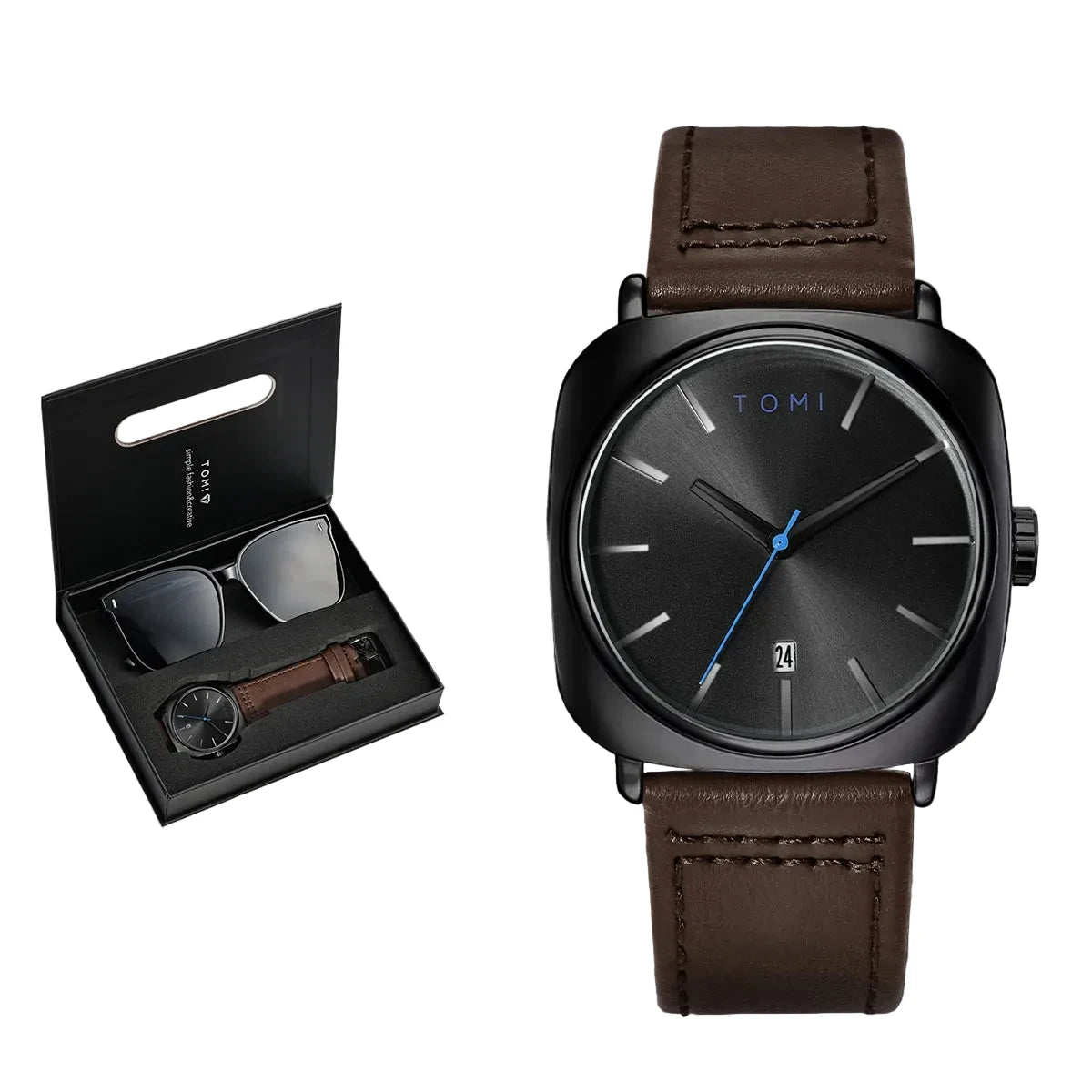 TOMI 2PCS Men Casual Fashion Watch Glasses Gift Set Classic Simple Square Case Men Quartz Watch Watch Clock Gift Set Reloj Soldes-ShopOnline