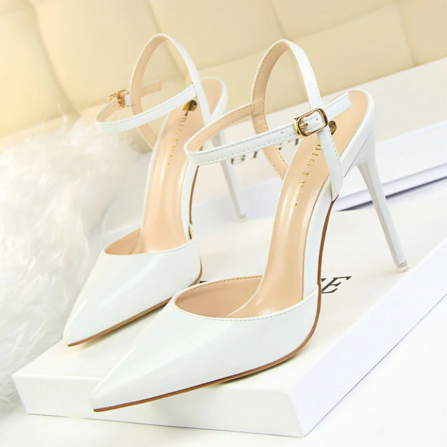 86-1 Style Simple Slim Ultra High Heel Shallow Painted Leather Sexy Nightclub Slimming One-word Strap Women Cool Shoes Soldes-ShopOnline