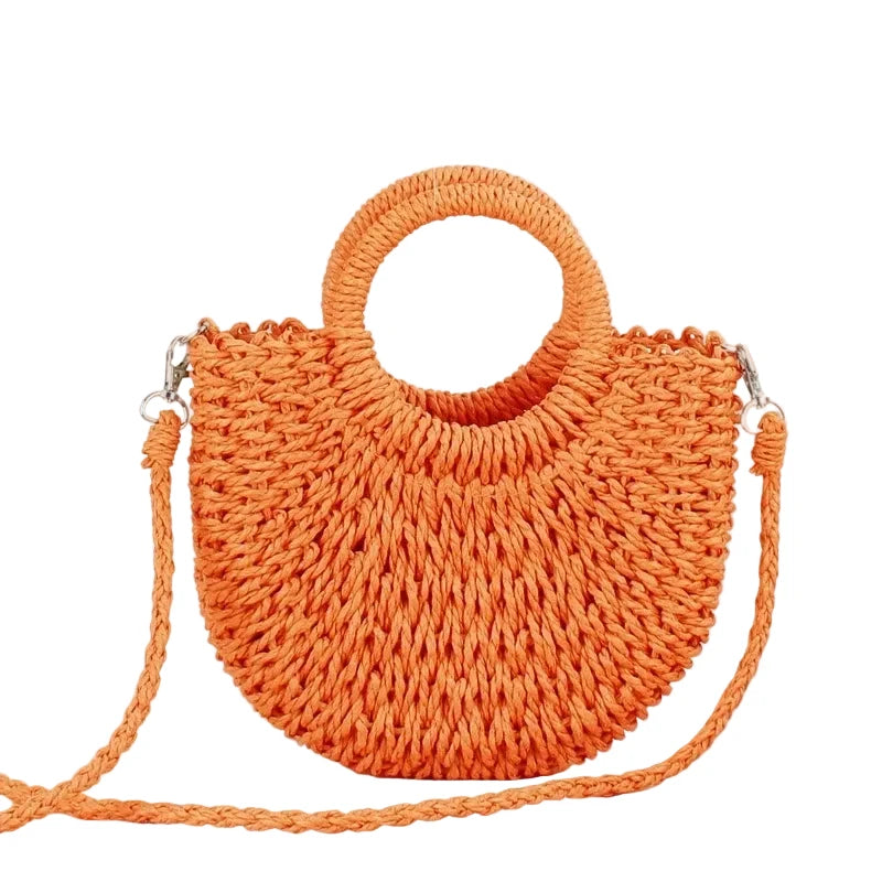 Handwoven Straw Rattan Half-Moon Beach Handbag, Large Capacity Women Summer Hollow Out Shoulder Crossbody Bag, Woven Tote Bag Soldes-ShopOnline