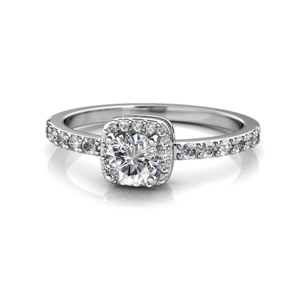 Daisini – Bague Taille Coussin Cristaux Swarovski | Laiton Plaqué Or Blanc 18K, 27 Cristaux, Quotidien & Soirée Soldes-ShopOnline