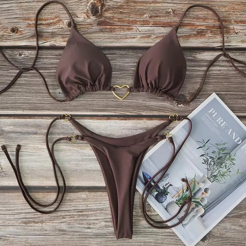 Bikini Brésilien 2 Pièces – Top Triangle Halter & Bas Tanga, Maillot Femme Été Plage Soldes-ShopOnline