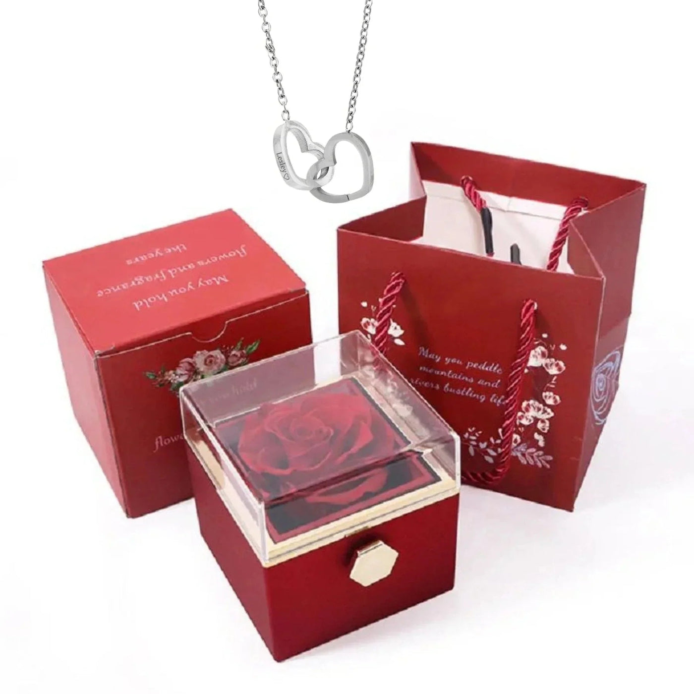 PolishedPlus Custom Names Heart Necklace Personalized Jewelry Rotating Rose Box Pendant Chain For Women Wife Valentine's Day Soldes-ShopOnline