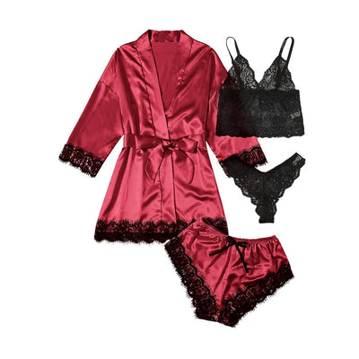 Women's Fashion Pajama Print Sexy Lace Trim Faux Silk Satin Pajama Set Gown Skin Friendly Comfort Loungewear Sexy Pajamas Soldes-ShopOnline