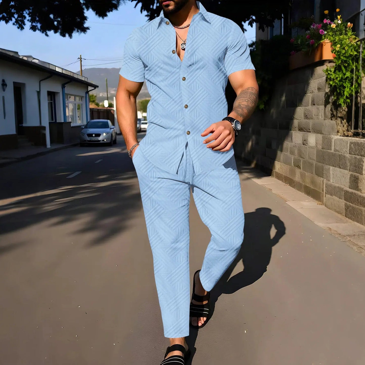 Une chemise à manches courtes deux pièces à la mode et tendance avec un pantalon long est parfaite pour les vêtements décontractés quotidiens des hommes au printemps et en automne été décontracté ensembles tenue pour homme - Soldes-ShopOnline