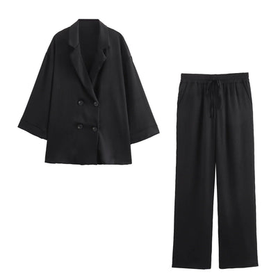 Autumn New Women's Clothing European And American Style Fashionable Wrinkled Suit Jacket Casual Pants Set Soldes-ShopOnline