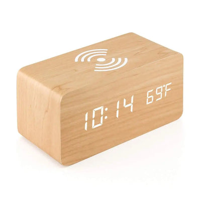 Wooden Digital Alarm Clock with Wireless Charging, LED Clock with Time, Date,Temperature, Desk Clocks for Office,Bedside Clock Soldes-ShopOnline