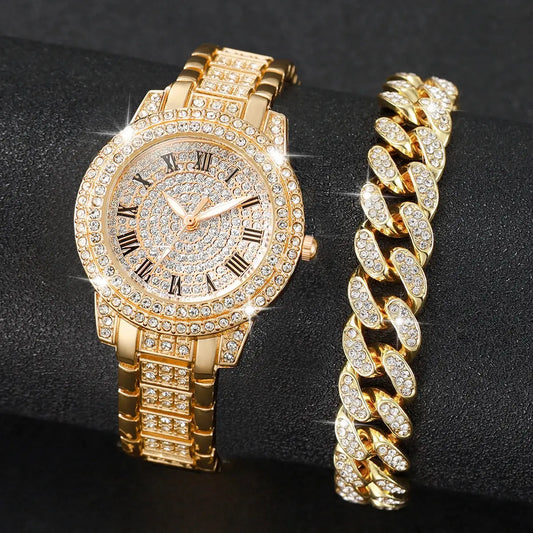 2PCS Mode Diamant Femmes Montres Or Montre Dames Montres-Poignets Luxe Strass Femmes Bracelet Montres idée de cadeau femmes/filles - Soldes-ShopOnline