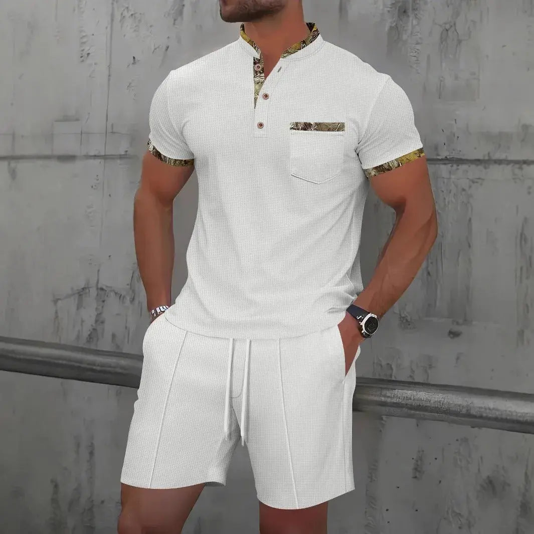 2025 Hommes nouvel été Waffle couleur unie zip-up revers costume à manches courtes shorts deux ensembles ensembles chill short polo zip pour hommes décontracter classe chics - Soldes-ShopOnline