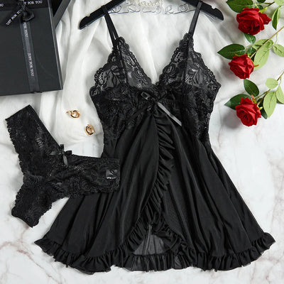 Sexy Lingerie Set Women Erotic Bra Nightdress Sexy Lace Sleepwear Solid Slim Soft Dresses V Neck Full Slip Sleepwear & Dresses Soldes-ShopOnline