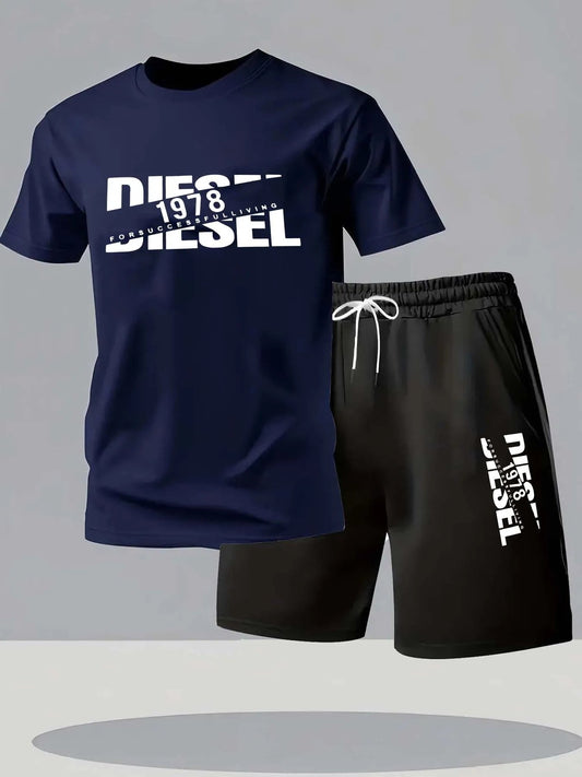 ensemble de t-shirt short homme Ensemble de t-shirt et de short décontractés à la mode d’été pour hommes, motif de cheminée ample, tenue sportive à col rond et à manches courtes Soldes-ShopOnline