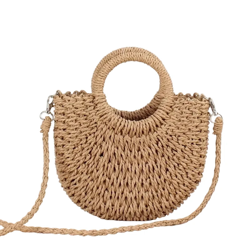Handwoven Straw Rattan Half-Moon Beach Handbag, Large Capacity Women Summer Hollow Out Shoulder Crossbody Bag, Woven Tote Bag Soldes-ShopOnline