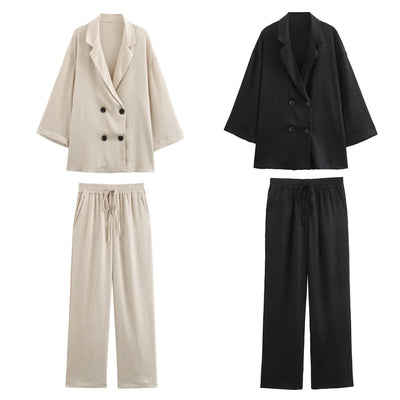 Autumn New Women's Clothing European And American Style Fashionable Wrinkled Suit Jacket Casual Pants Set Soldes-ShopOnline