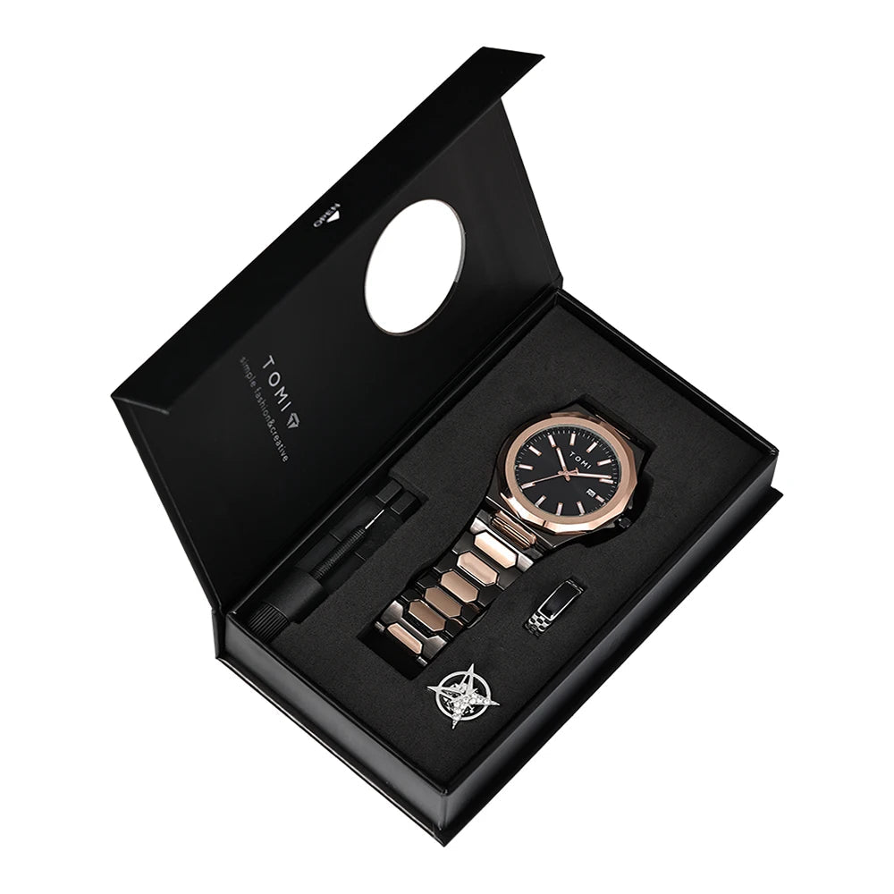 TOMI Luxury – Coffret Business Homme Montre Quartz Or Rose + Bague & Broche | Bracelet Acier, Cadran Épuré Soldes-ShopOnline