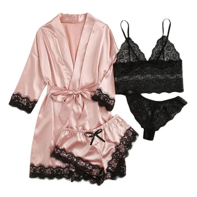 Women's Fashion Pajama Print Sexy Lace Trim Faux Silk Satin Pajama Set Gown Skin Friendly Comfort Loungewear Sexy Pajamas Soldes-ShopOnline