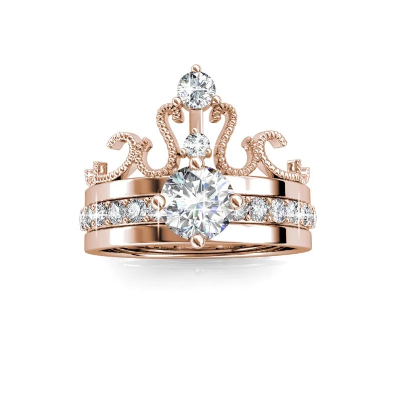 Daisini – Set Bague Couronne 2-en-1 Stackable Cristaux Autrichiens AAAA | Laiton Plaqué Or Rose, Mariage & Soirée Soldes-ShopOnline