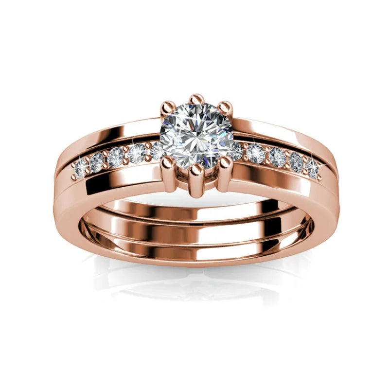 Daisini – Bague 2-en-1 Double Rang Or Rose Cristaux Swarovski | Laiton Plaqué, Fiançailles & Mariage, Saint-Valentin Soldes-ShopOnline
