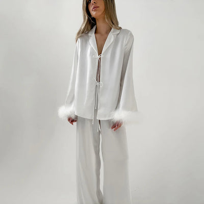 HiLoc Elegant Satin White Pants Sets Pajamas With Feather Cuffs Blouses Wide Legs Pants Sleepwear Female 2025 Spring Autumn Suit Soldes-ShopOnline