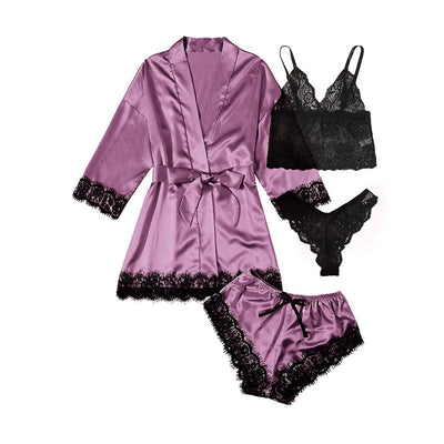 Women's Fashion Pajama Print Sexy Lace Trim Faux Silk Satin Pajama Set Gown Skin Friendly Comfort Loungewear Sexy Pajamas Soldes-ShopOnline