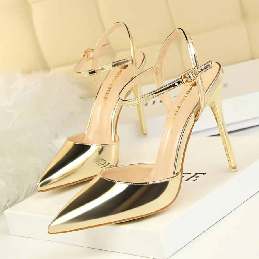 86-1 Style Simple Slim Ultra High Heel Shallow Painted Leather Sexy Nightclub Slimming One-word Strap Women Cool Shoes Soldes-ShopOnline
