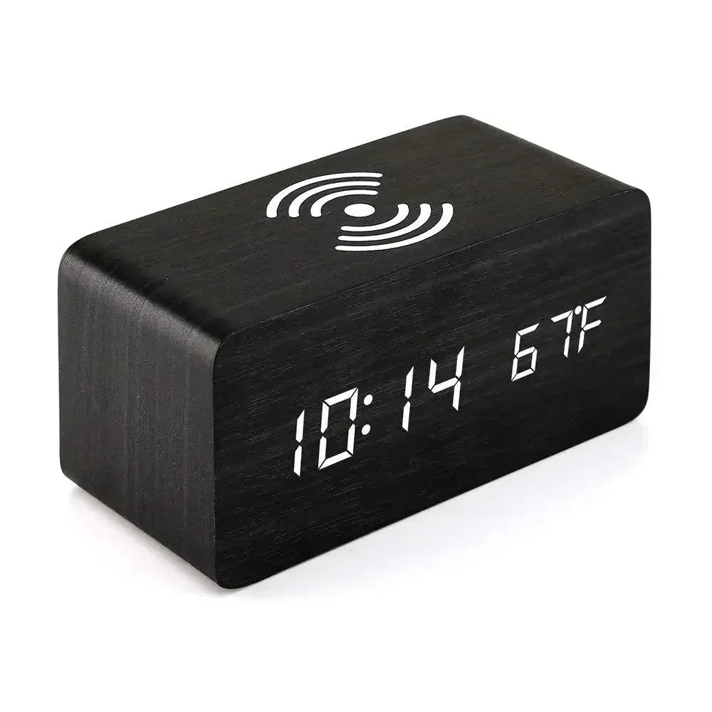 Wooden Digital Alarm Clock with Wireless Charging, LED Clock with Time, Date,Temperature, Desk Clocks for Office,Bedside Clock Soldes-ShopOnline