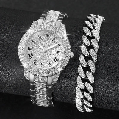 2PCS Mode Diamant Femmes Montres Or Montre Dames Montres-Poignets Luxe Strass Femmes Bracelet Montres idée de cadeau femmes/filles - Soldes-ShopOnline