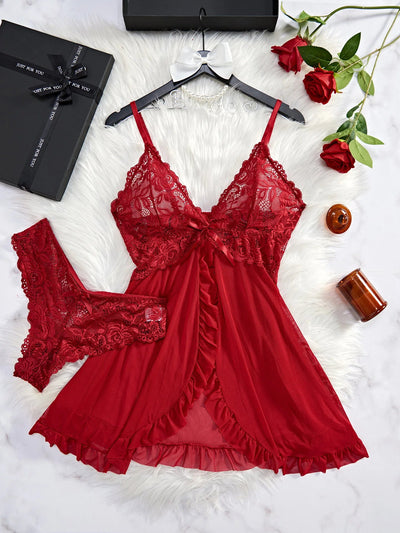 Sexy Lingerie Set Women Erotic Bra Nightdress Sexy Lace Sleepwear Solid Slim Soft Dresses V Neck Full Slip Sleepwear & Dresses Soldes-ShopOnline